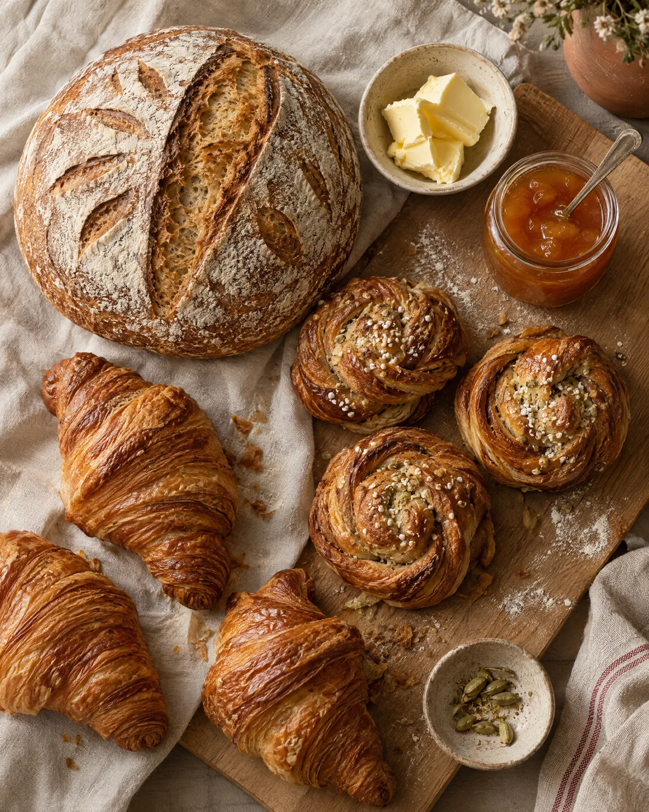 Sourdough loaf, cardamom buns and croissants on a linen cloth