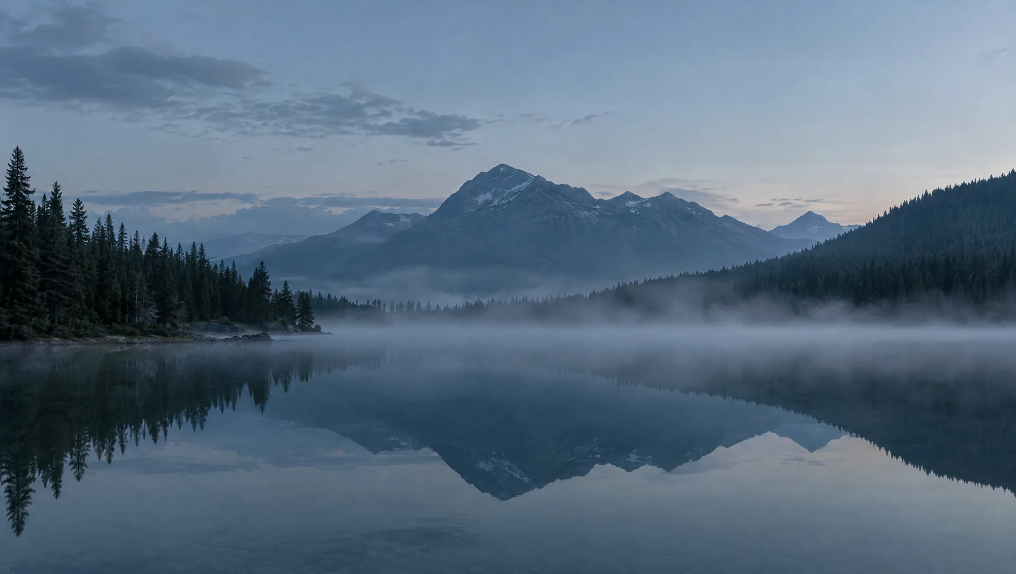 Misty alpine lake at blue hour reflecting a mountain range