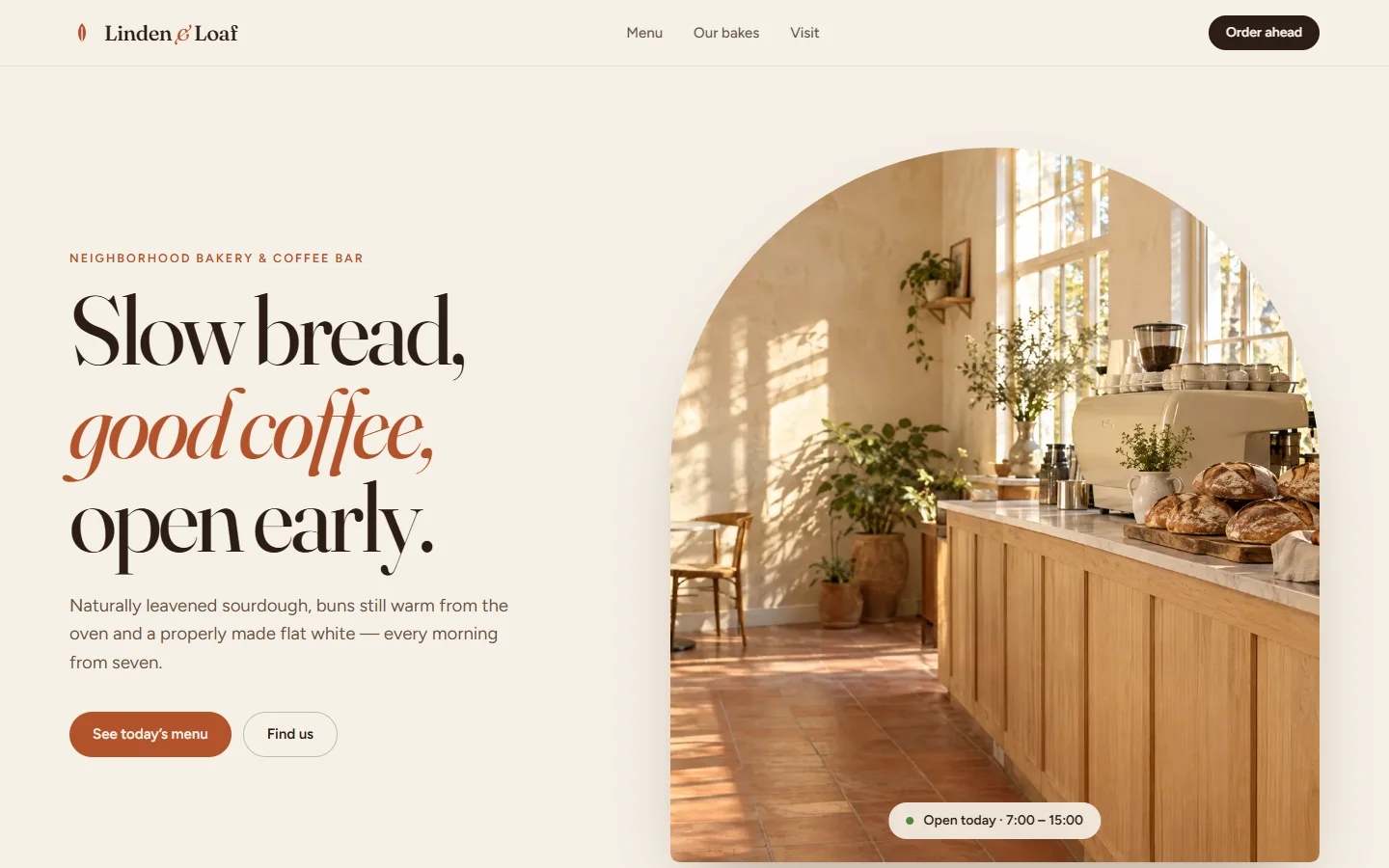 Linden & Loaf concept site: warm café homepage with an arched photo of a sunlit bakery counter