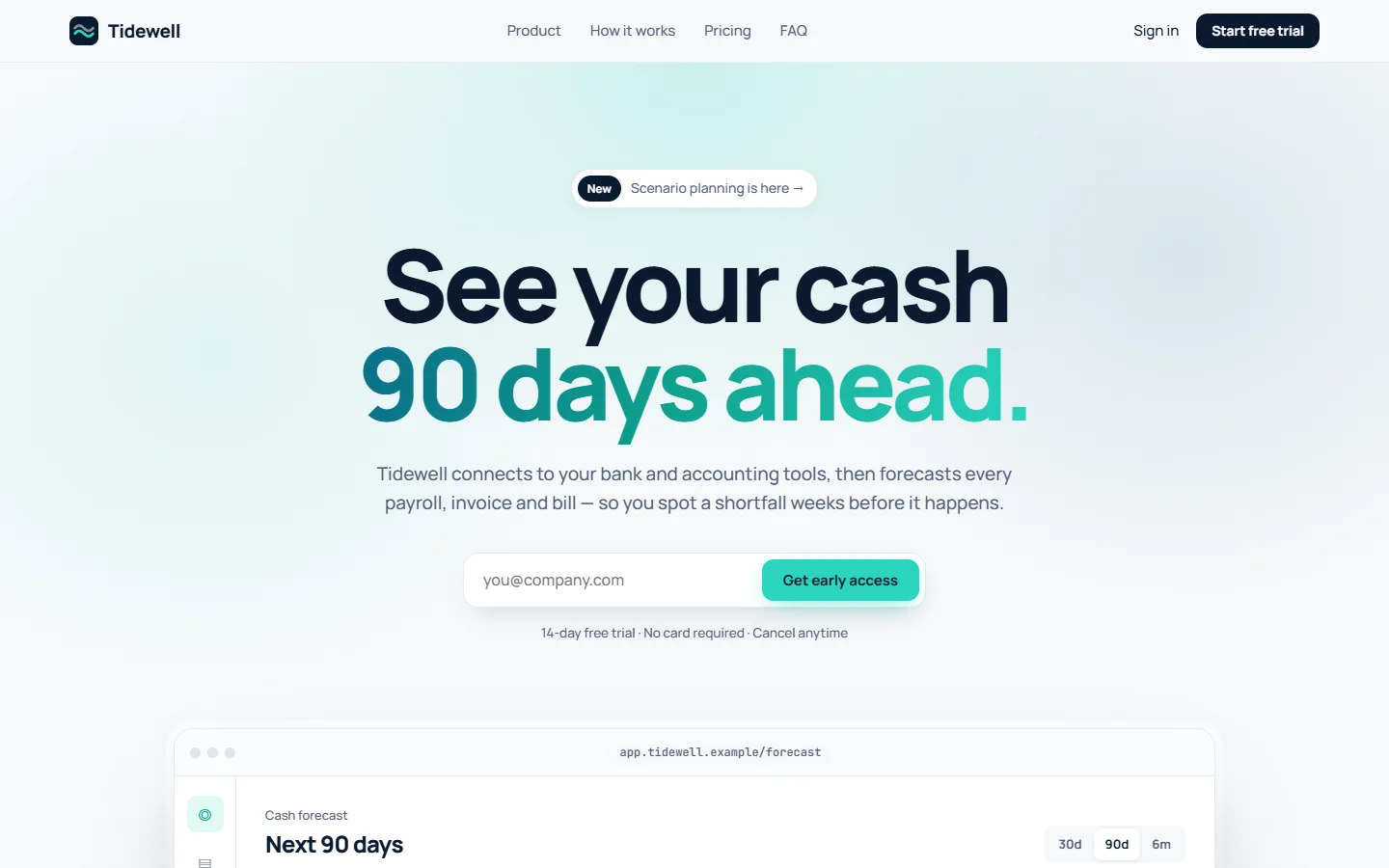 Tidewell concept site: startup homepage with a cash-flow forecast dashboard